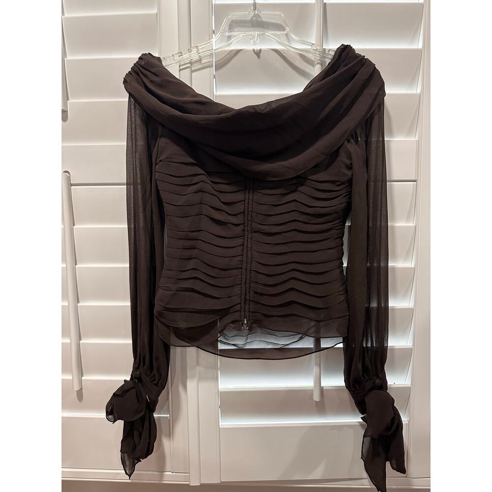 Vintage Lillie Rubin 100% Silk Ruched Blouse Off Shoulder Chocolate Brown Size 4 - Picture 12 of 13